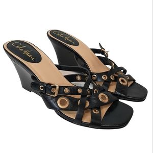 Cole Haan Wedge Sandal size 8.5 Black Leather Gold Metal Grommets Excellent Cond